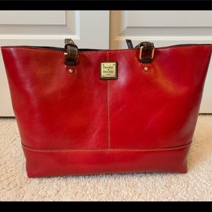 Brand new, red Dooney & Burke tote w/duster & tags